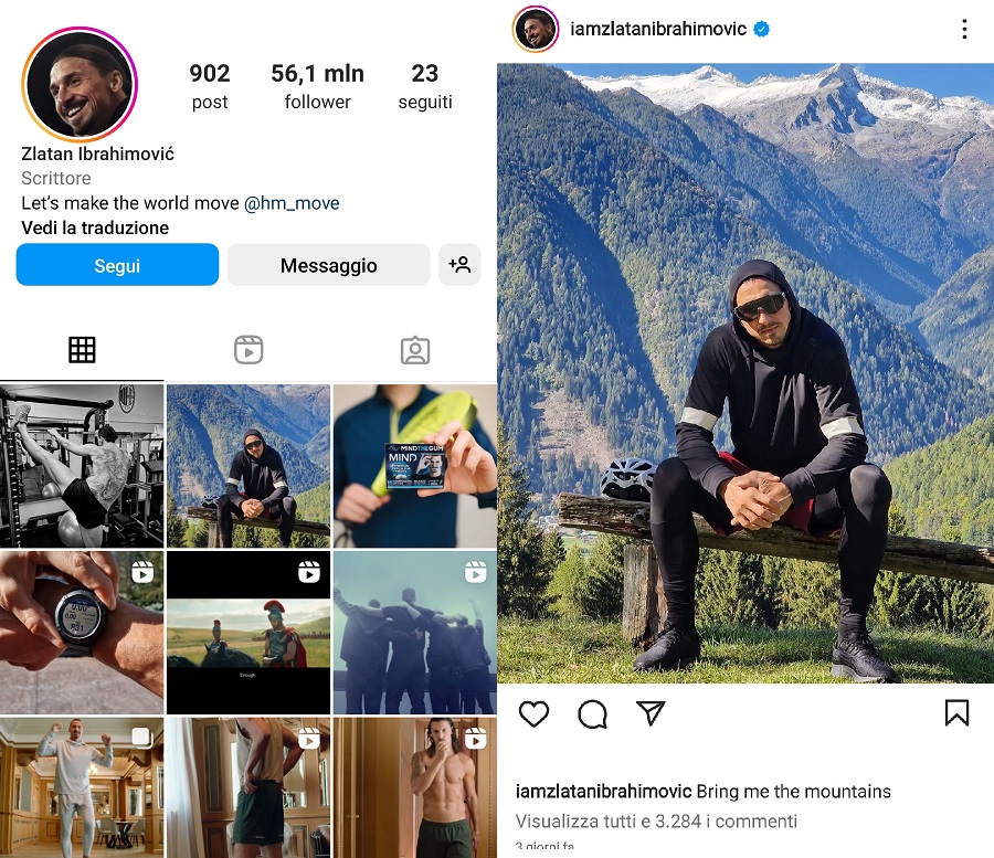 “Bring me the mountains”: il post Instagram di Zlatan Ibrahimovic dalla malga Cioca raccoglie più di 850.000 “Mi piace”