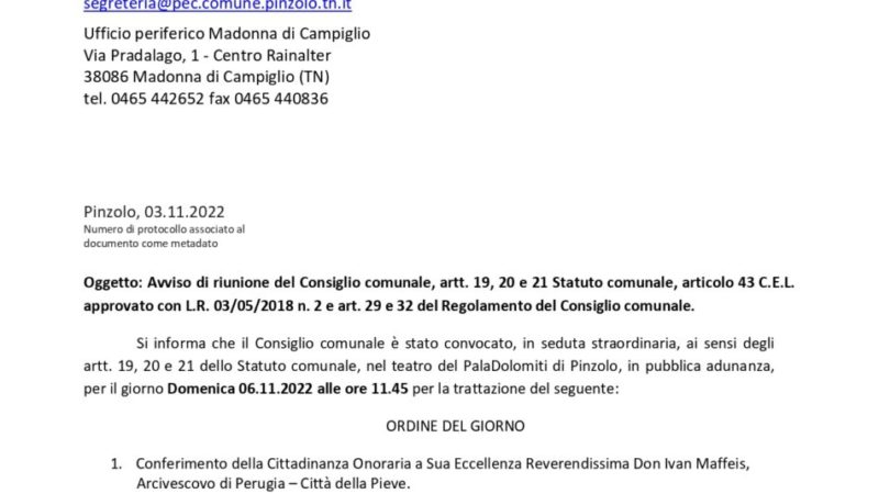 Il Consiglio Comunale di Pinzolo si riunisce per conferire la Cittadinanza Onoraria a Sua Eccellenza Reverendissima Don Ivan Maffeis, Arcivescovo di Perugia-Città della Pieve