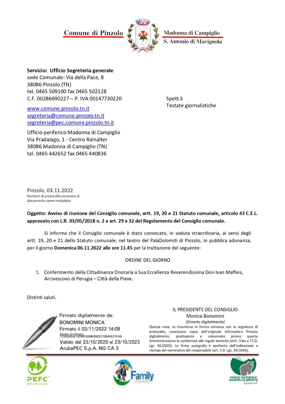Il Consiglio Comunale di Pinzolo si riunisce per conferire la Cittadinanza Onoraria a Sua Eccellenza Reverendissima Don Ivan Maffeis, Arcivescovo di Perugia-Città della Pieve