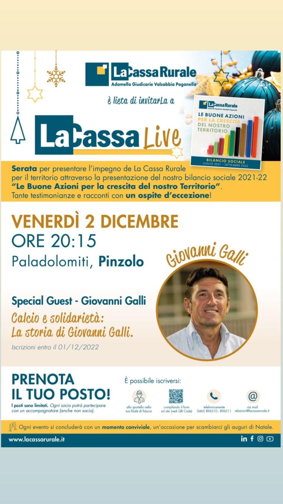 2 dicembre al Paladolomiti: Calcio e solidarietà con Giovanni Galli a “La Cassa Rurale live”