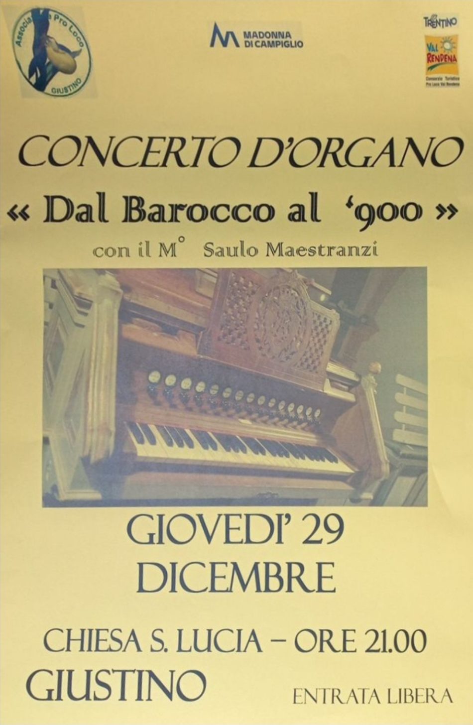 Giustino 29 dicembre: Concerto d’organo “Dal Barocco al ‘900”