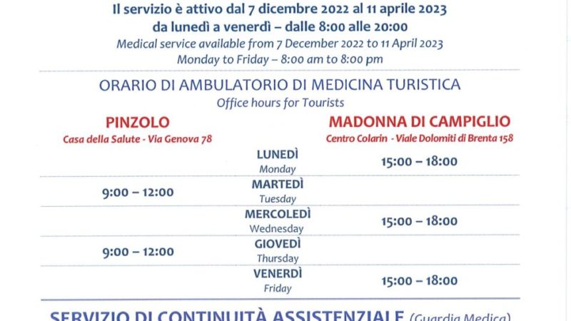 Pinzolo-Campiglio: Servizio di medicina turistica e continuità assistenziale