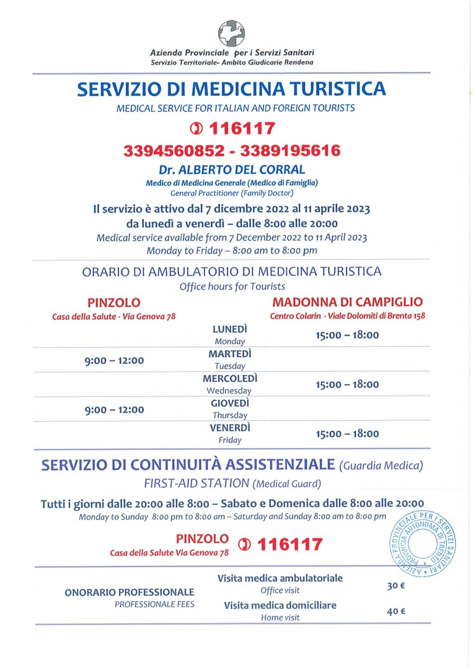 Pinzolo-Campiglio: Servizio di medicina turistica e continuità assistenziale