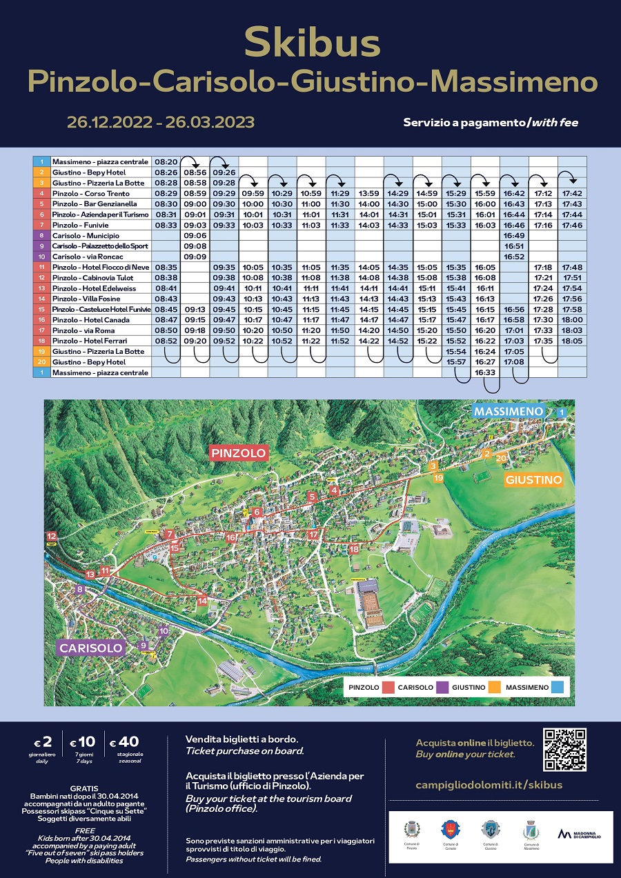 Skibus Pinzolo-Carisolo-Giustino-Massimeno: dal 26 dicembre al 26 marzo 2023