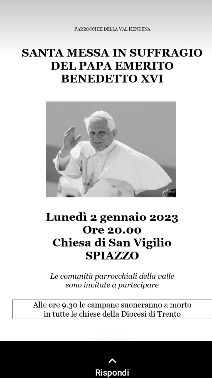 Spiazzo Rendena 2 gennaio ore 20: Stanta Messa in suffragio del Papa Emerito Benedetto XVI