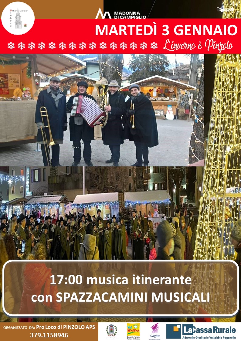 3 gennaio dalle ore 17 – “L’inverno è Pinzolo”: Musica itinerante con “SPAZZACAMINI MUSICALI”