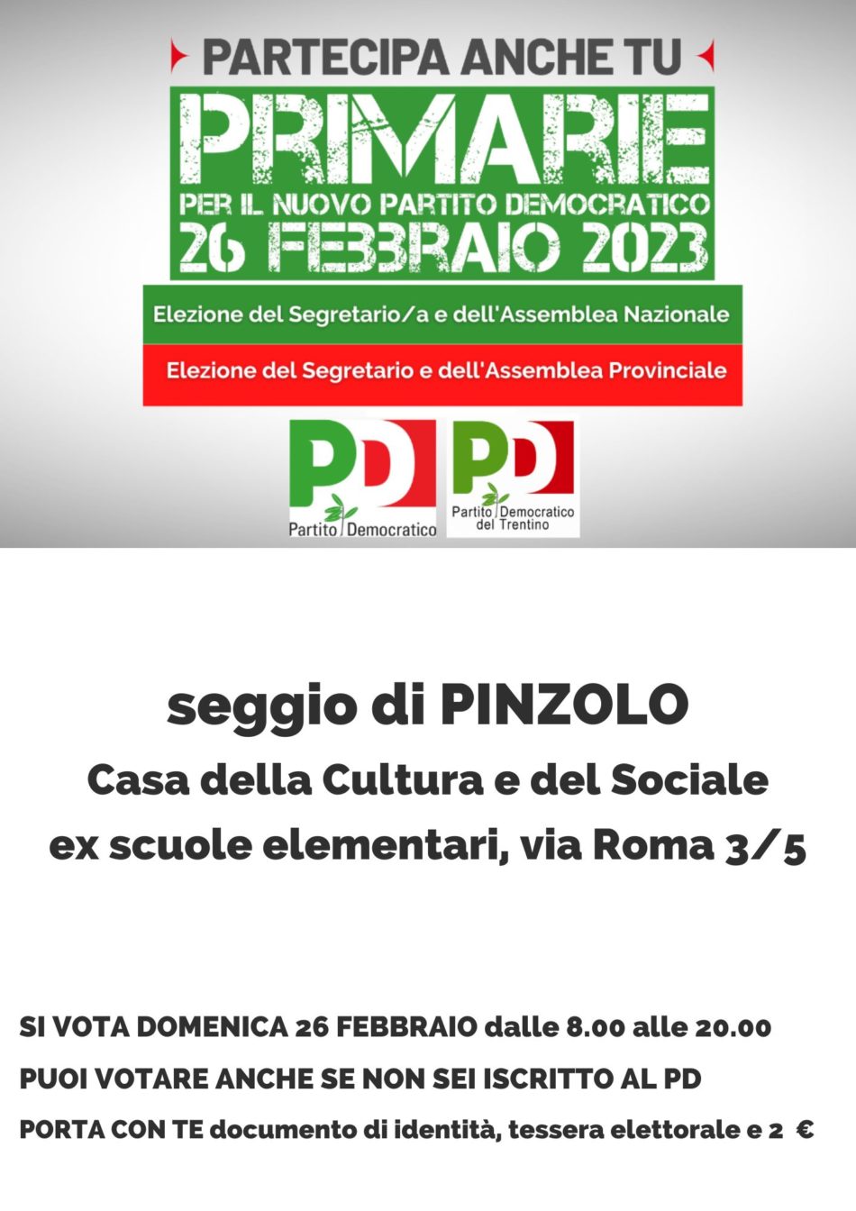 Primarie del nuovo Partito Democratico Seggio di Pinzolo – 26 febbraio 2023