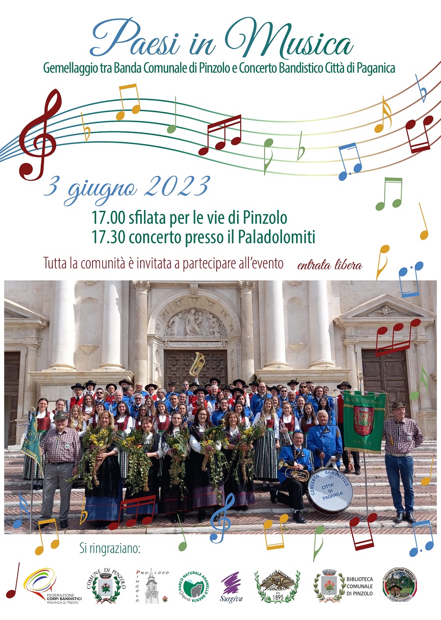 Sabato 3 giugno Paladolomiti: “Paesi in Musica” Concerto delle bande di Paganica e Pinzolo