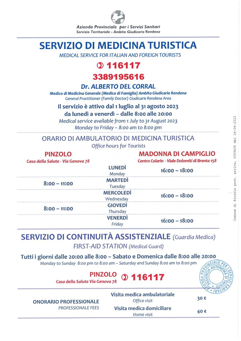 Servizio medico turistico e attivazione auto sanitaria