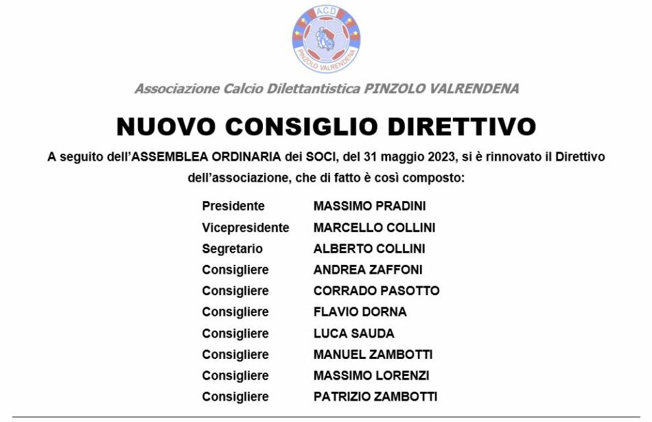 Eletto il nuovo consiglio direttivo della ACD Pinzolo ValRendena