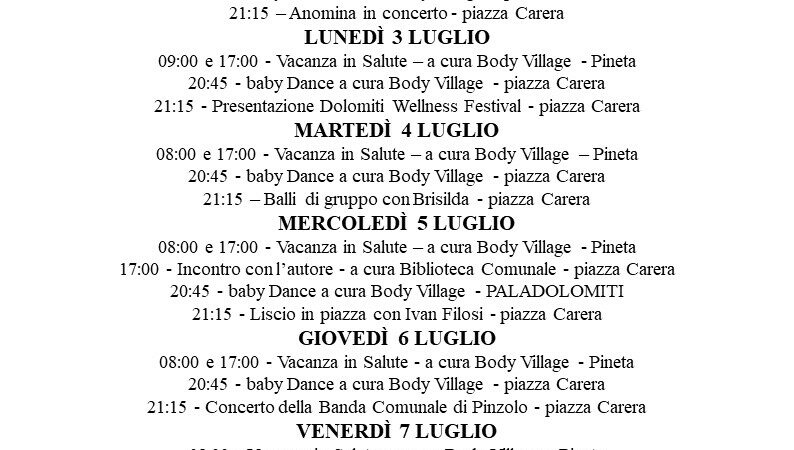 L’Estate è Pinzolo: Programma dal 1 al 9 luglio