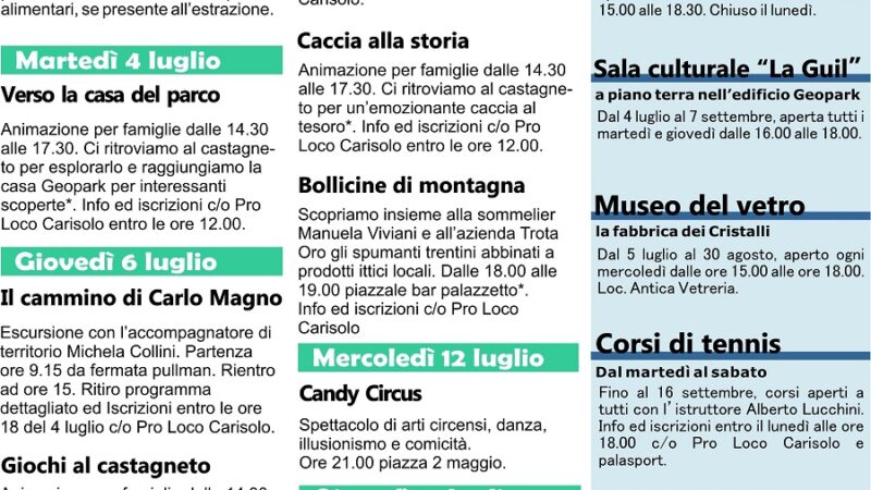Carisolo – Programma manifestazioni dal 2 al 13 luglio 2023