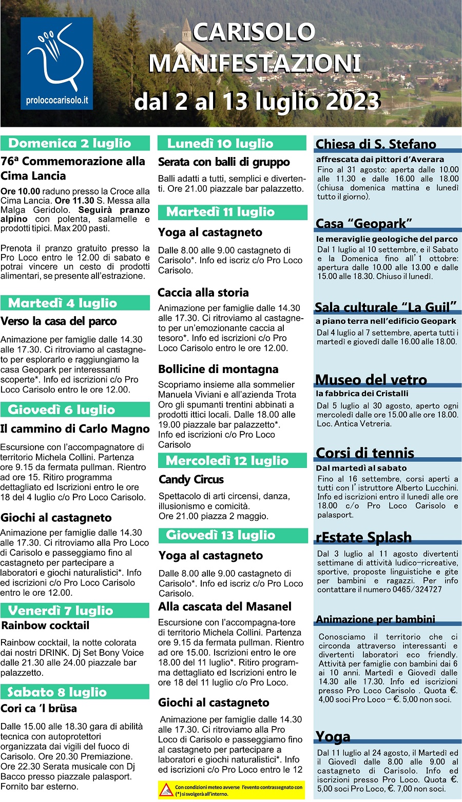 Carisolo – Programma manifestazioni dal 2 al 13 luglio 2023