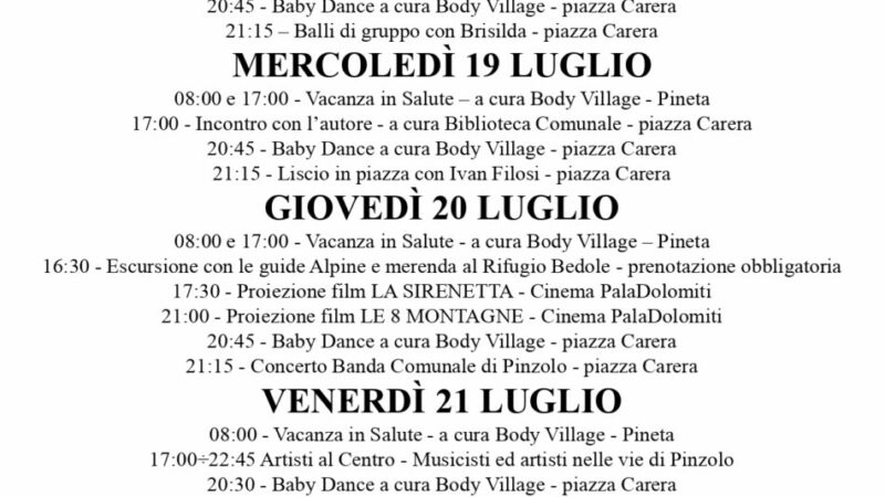 L’Estate è Pinzolo: programma settimanale dal 17 al 23 luglio