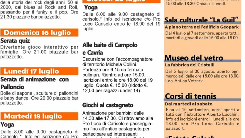 Programma eventi a Carisolo dal 14 al 22 luglio 2023