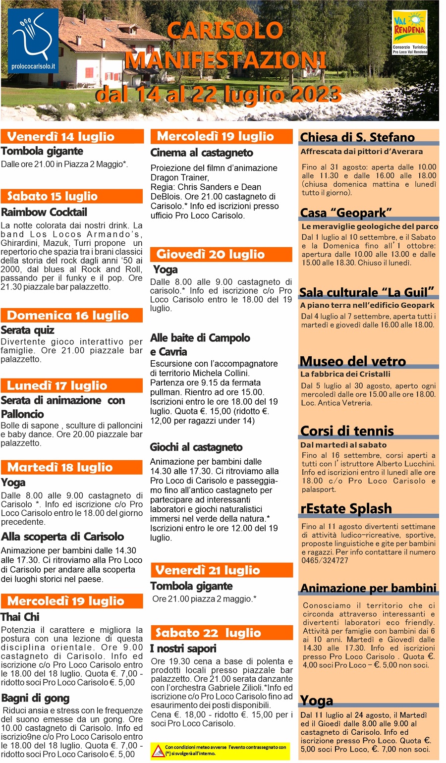 Programma eventi a Carisolo dal 14 al 22 luglio 2023