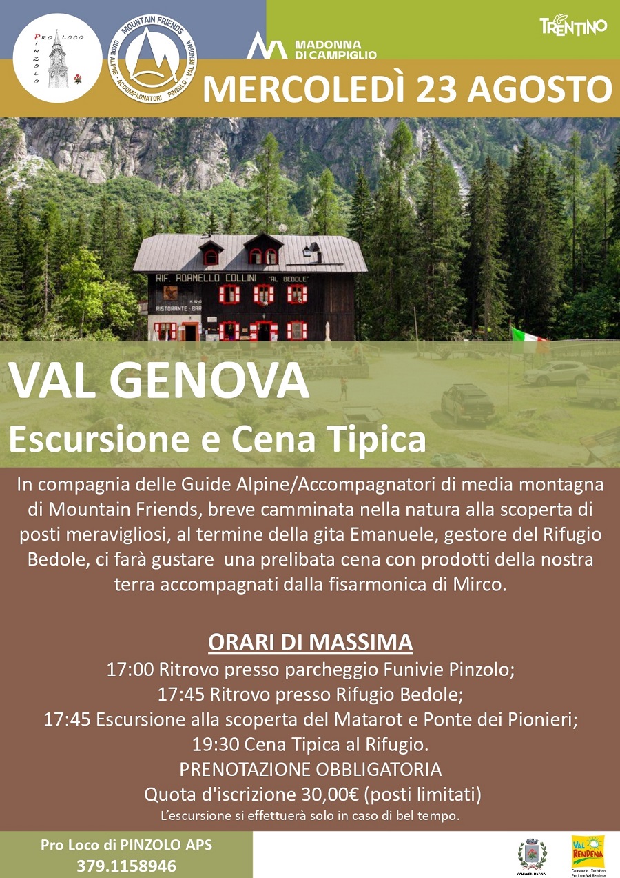 Mercoledì 23 agosto – VAL GENOVA Escursione e Cena Tipica