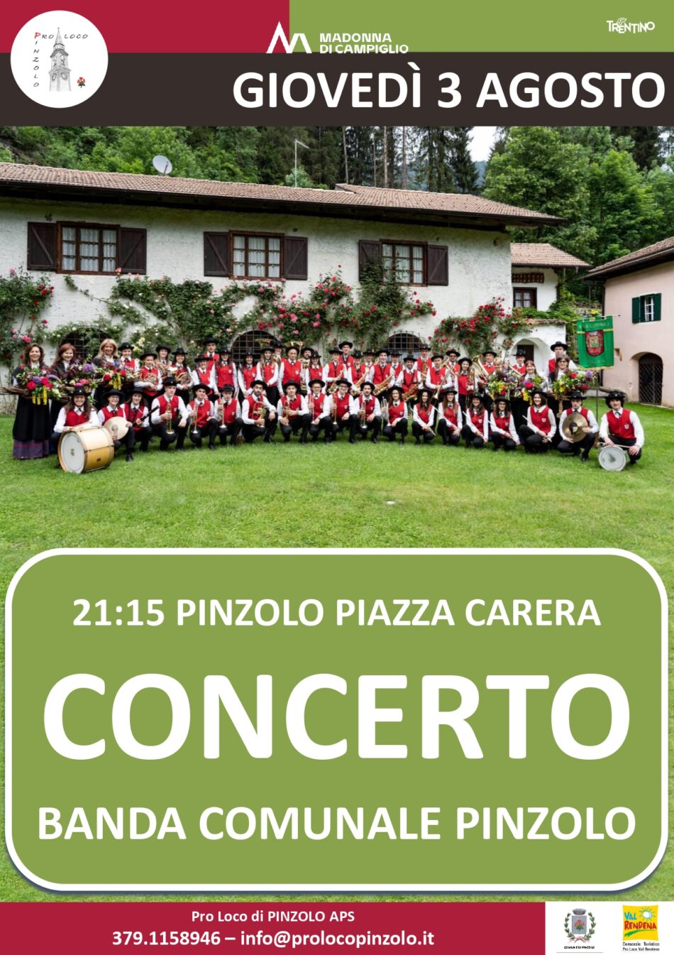 L’Estate è Pinzolo: Giovedì 3 agosto ore 21.15 – CONCERTO della Banda comunale di Pinzolo in piazza Carera