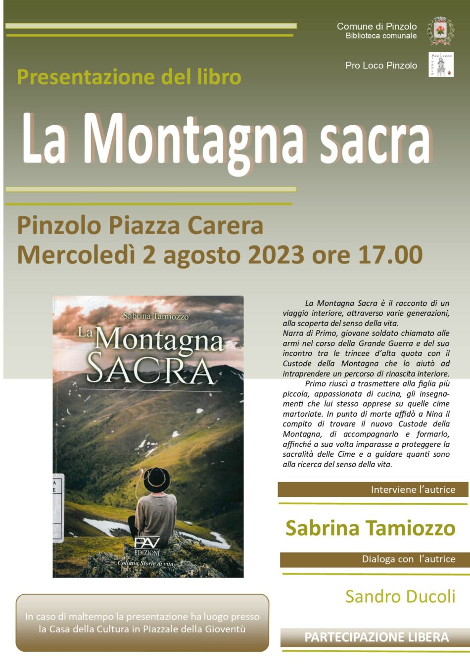 Pinzolo Mercoledì 2 agosto ore 17 – Incontro con l’autrice Sabrina Tamiozzo che presenterà “La Montagna sacra”