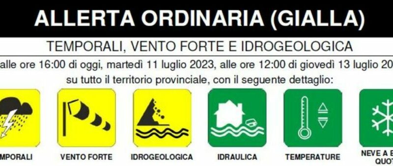 Maltempo, emesso un avviso di allerta ordinaria (gialla) – temporali, vento forte, idrogeologica