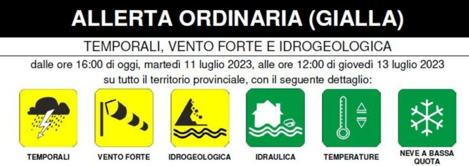 Maltempo, emesso un avviso di allerta ordinaria (gialla) – temporali, vento forte, idrogeologica