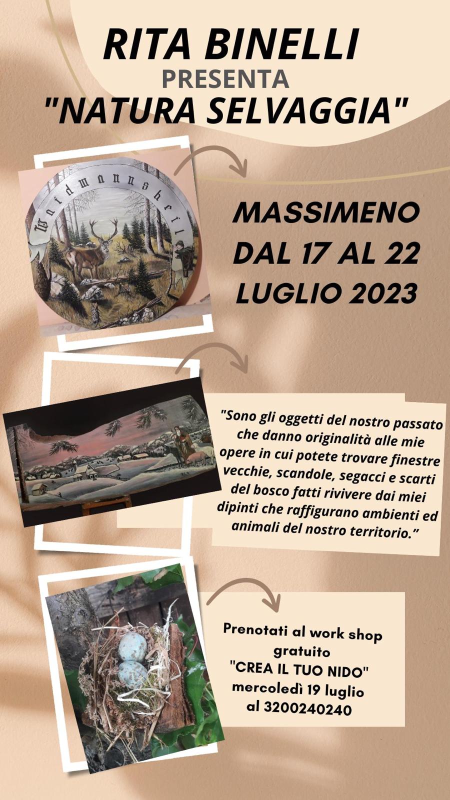 Domani 18 luglio, a MASSIMENO, ore 17.00 apertura della mostra “NATURA SELVAGGIA” di RITA BINELLI