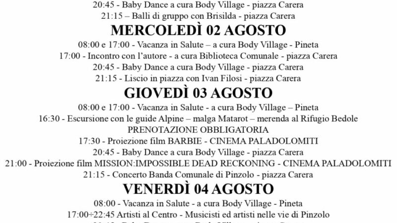 L’Estate è Pinzolo: Programma settimana dal 31 luglio al 6 agosto