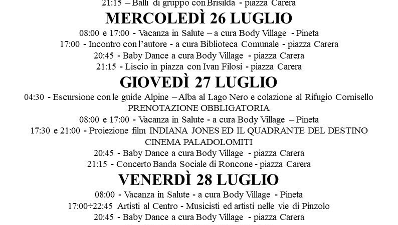 L’Estate è Pinzolo: Programma settimana dal 24 al 30 luglio