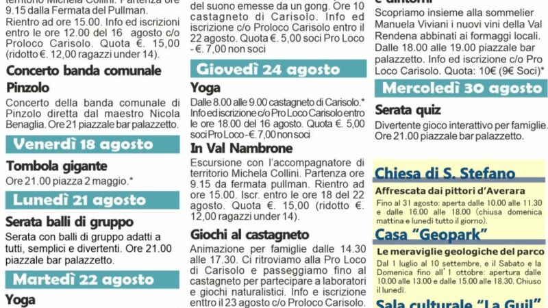 Carisolo: manifestazioni dal 16 al 30 agosto