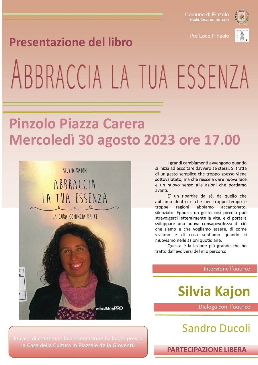 Mercoledì 30 agosto ore 17 – Presentazione del libro “Abbraccia la tua essenza” in piazza Carera