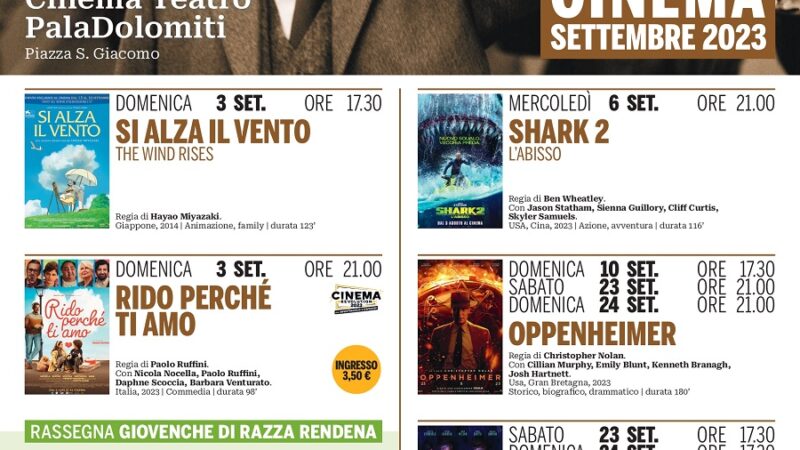 Torna il cinema al Paladolomiti di Pinzolo: programma settembre 2023