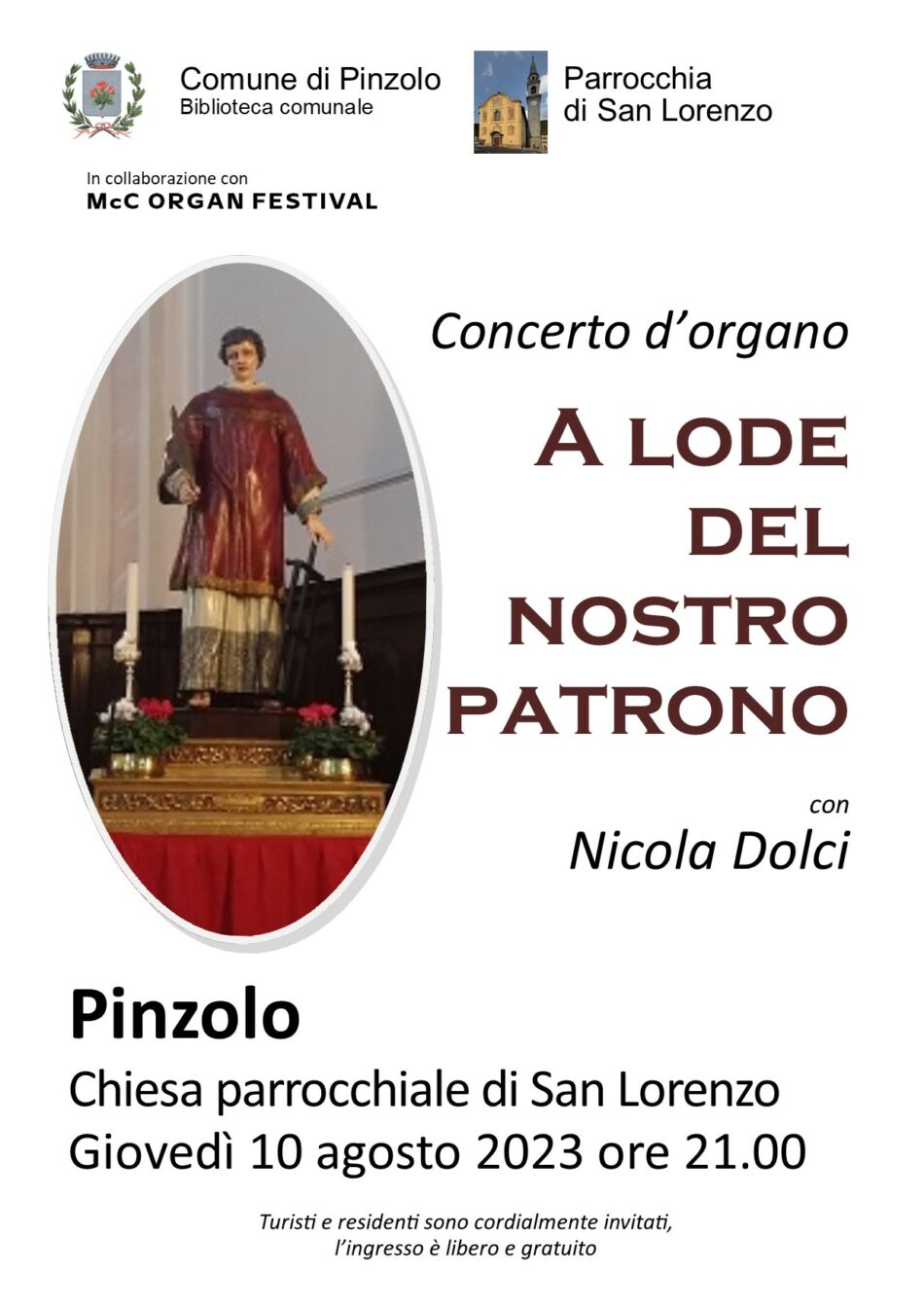Giovedì 10 agosto ore 21 Chiesa di Pinzolo: “A lode del nostro patrono” concerto d’organo con Nicola Dolci