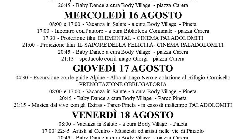 L’Estate è Pinzolo: Programma settimana dal 14 al 20 agosto