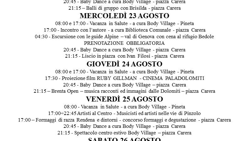 L’Estate è Pinzolo – Programma settimanale dal 21 al 27 agosto