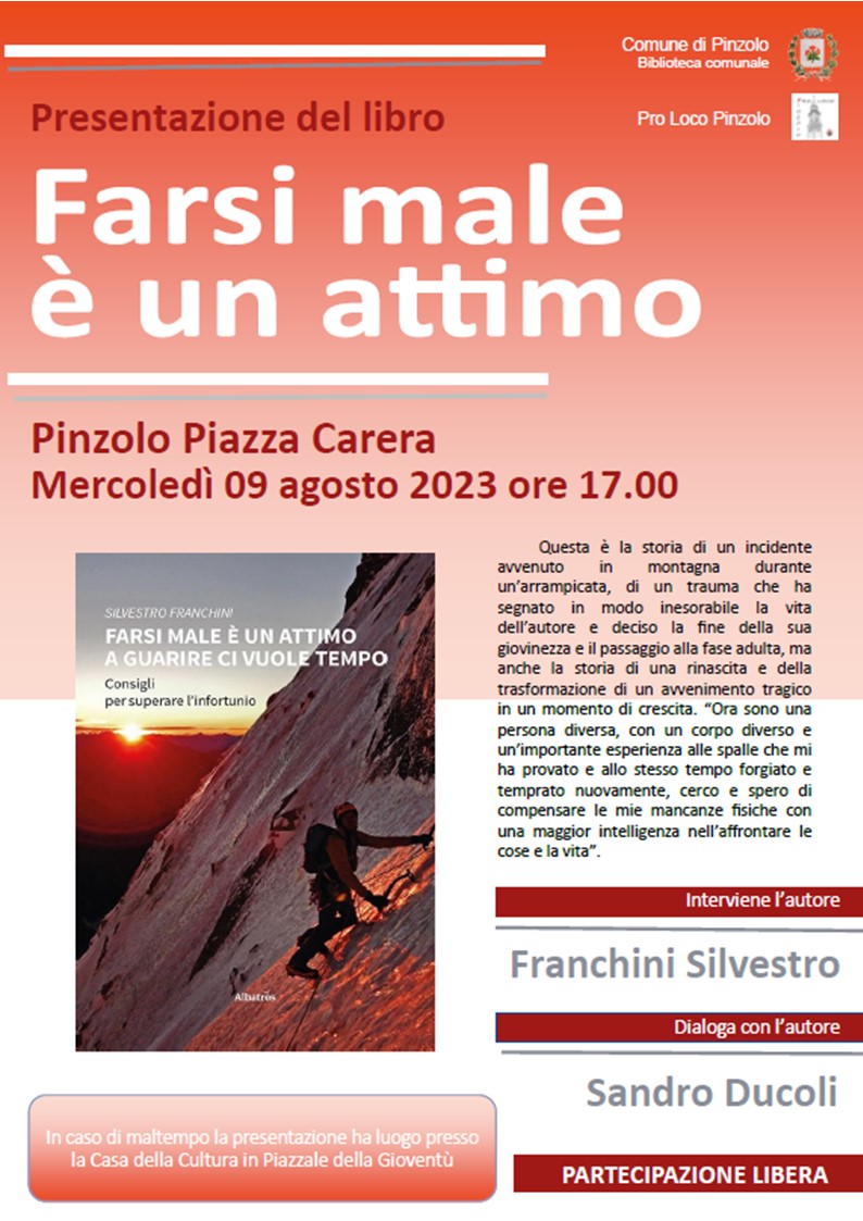 Mercoledì 9 agosto ore 17 – Presentazione del libro “Farsi male è un attimo” in piazza Carera