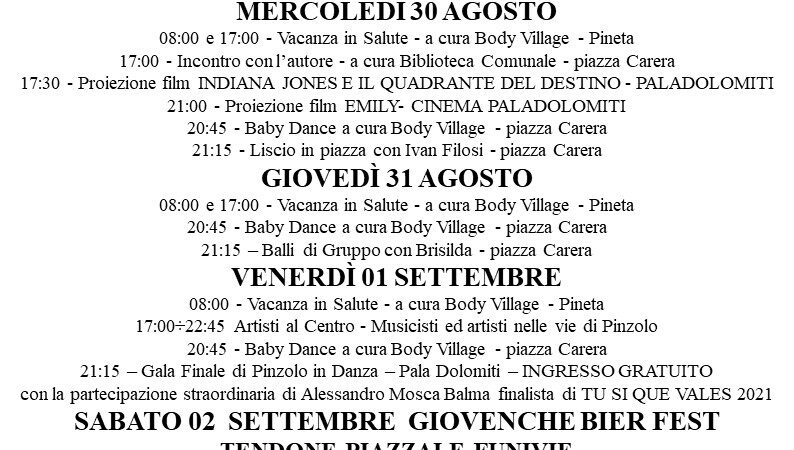 L’Estate è Pinzolo – Programma settimanale da Lunedì 28 agosto a Domenica 3 settembre