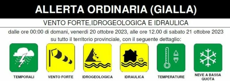 Maltempo, emesso un avviso di allerta ordinaria (gialla), per vento forte ed eventuali problemi idrogeologici e idraulici
