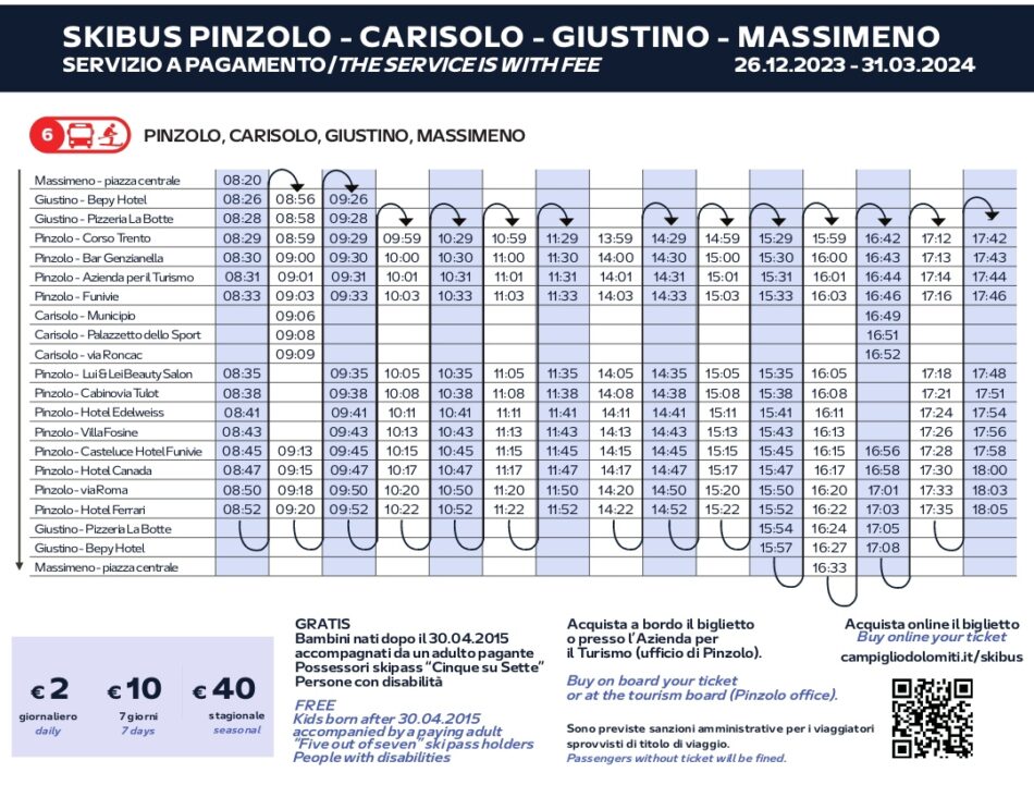 Skibus Pinzolo-Carisolo-Giustino-Massimeno inverno 2023/2024