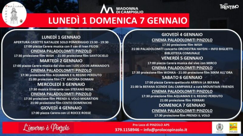 L’inverno è Pinzolo – Programma dal 1° al 7 gennaio 2024