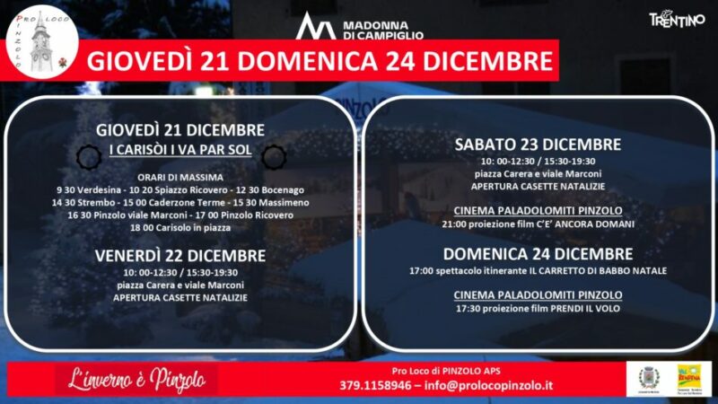 Pro Loco Pinzolo – Programma da Giovedì 21 a Domenica 24 dicembre 2023