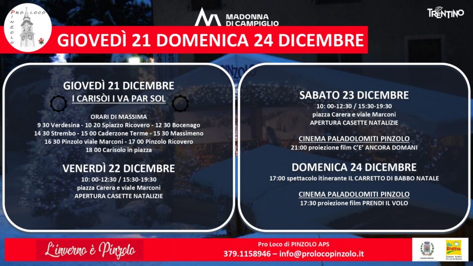 Pro Loco Pinzolo – Programma da Giovedì 21 a Domenica 24 dicembre 2023