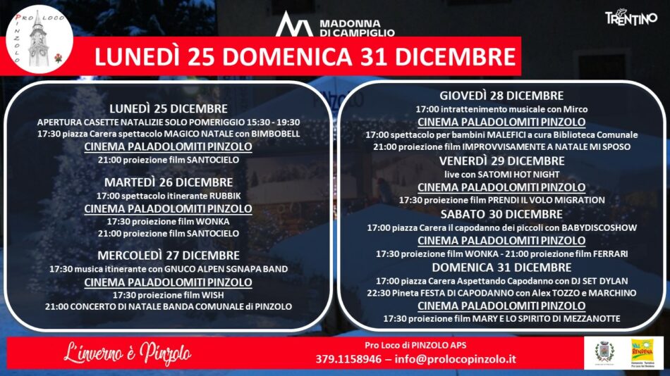 Pro Loco Pinzolo – Programma da Lunedì 25 a Domenica 31 dicembre 2023