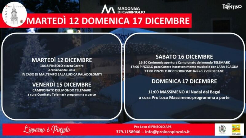 “L’inverno è Pinzolo” – Programma da Martedì 12 a Domenica 17 dicembre 2023