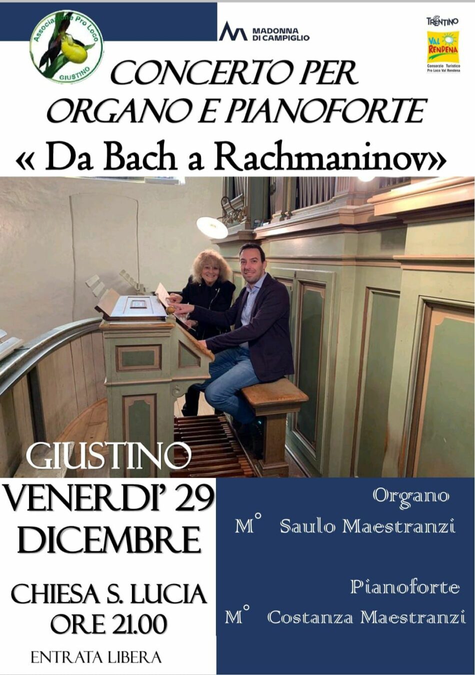 Giustino 29 dicembre ore 21: Concerto per organo e pianoforte “Da Bach a Rachmaninov”