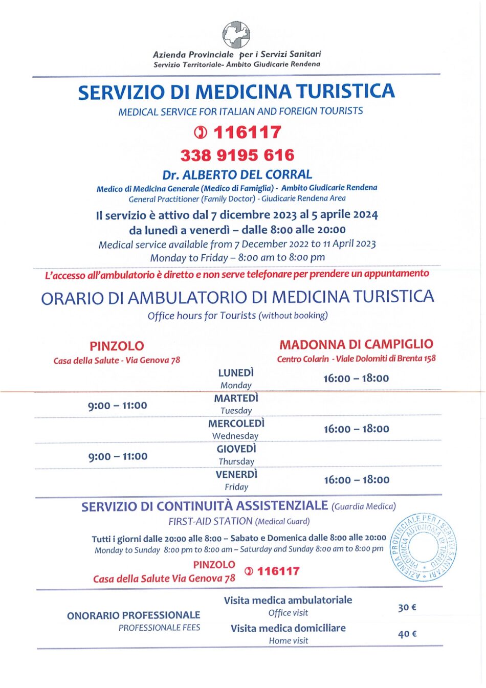 Pinzolo – Madonna di Campiglio: Servizio di Medicina turistica