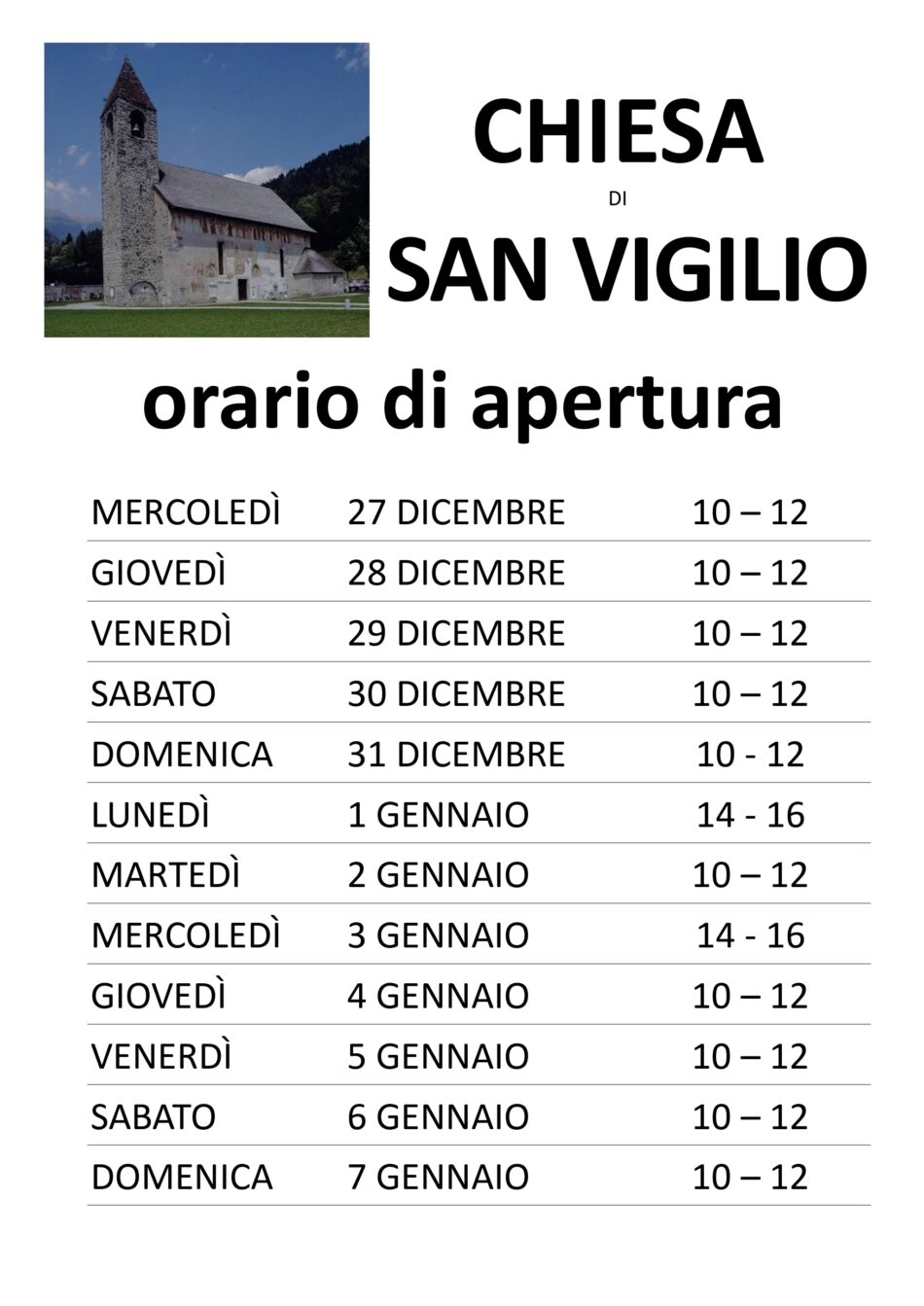 Aperture della chiesa di san Vigilio a Pinzolo durante il periodo natalizio