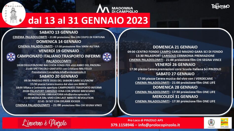 “L’inverno è Pinzolo” – Programma dal 13 al 31 gennaio 2024