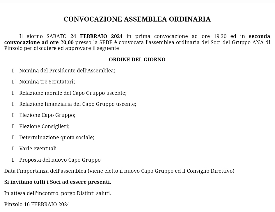 Gruppo ANA Pinzolo : Convocazione Assemblea ordinaria