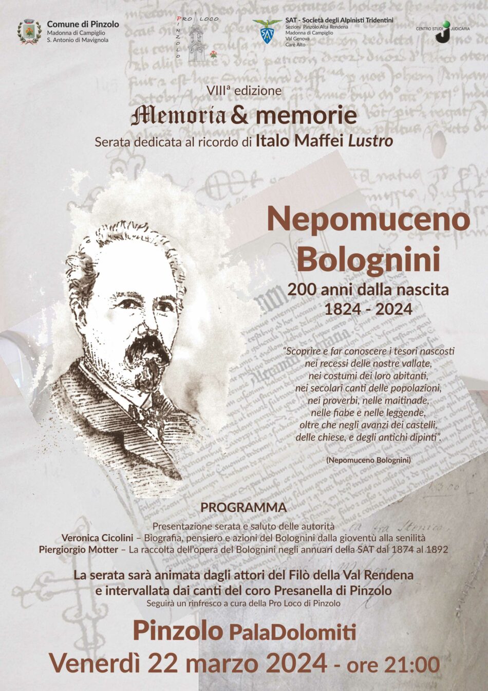 Paladolomiti Venerdì 22 marzo ore 21 – Memoria & memorie “Nepomuceno Bolognini 200 anni dalla nascita”