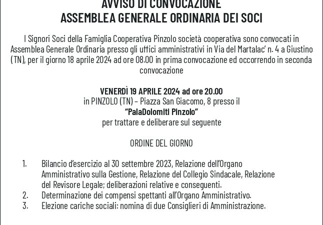 Assemblea di Famiglia Cooperativa Pinzolo Venerdì 19 aprile 2024 ore 20.00